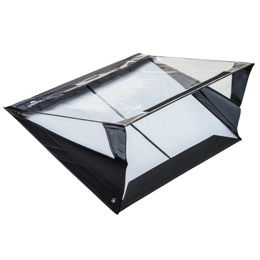 Waterproof PVC clipboard with clear top, internal clip and two slots for a pen and pencil inside a black protective sleeve.