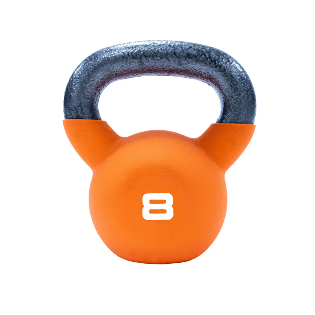 Neoprene-covered kettlebell with orange coating, exposed cast-iron handle, and white 8 printed on the front.