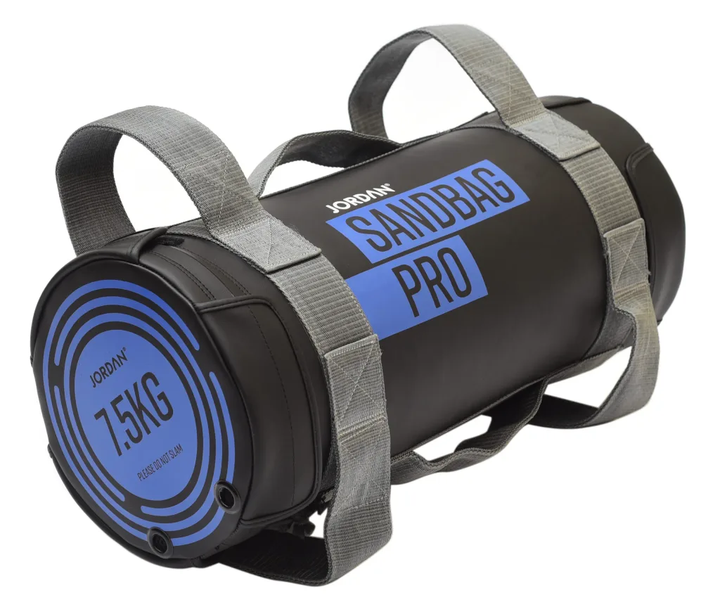 Black cylindrical sandbag with gray handles, blue label reading Sandbag Pro and end cap printed 7.5KG; please do not slam.