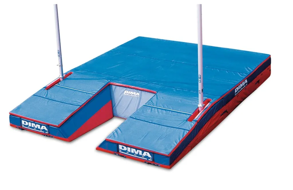 Blue and red pole vault landing mat with a central cutout and two white uprights.