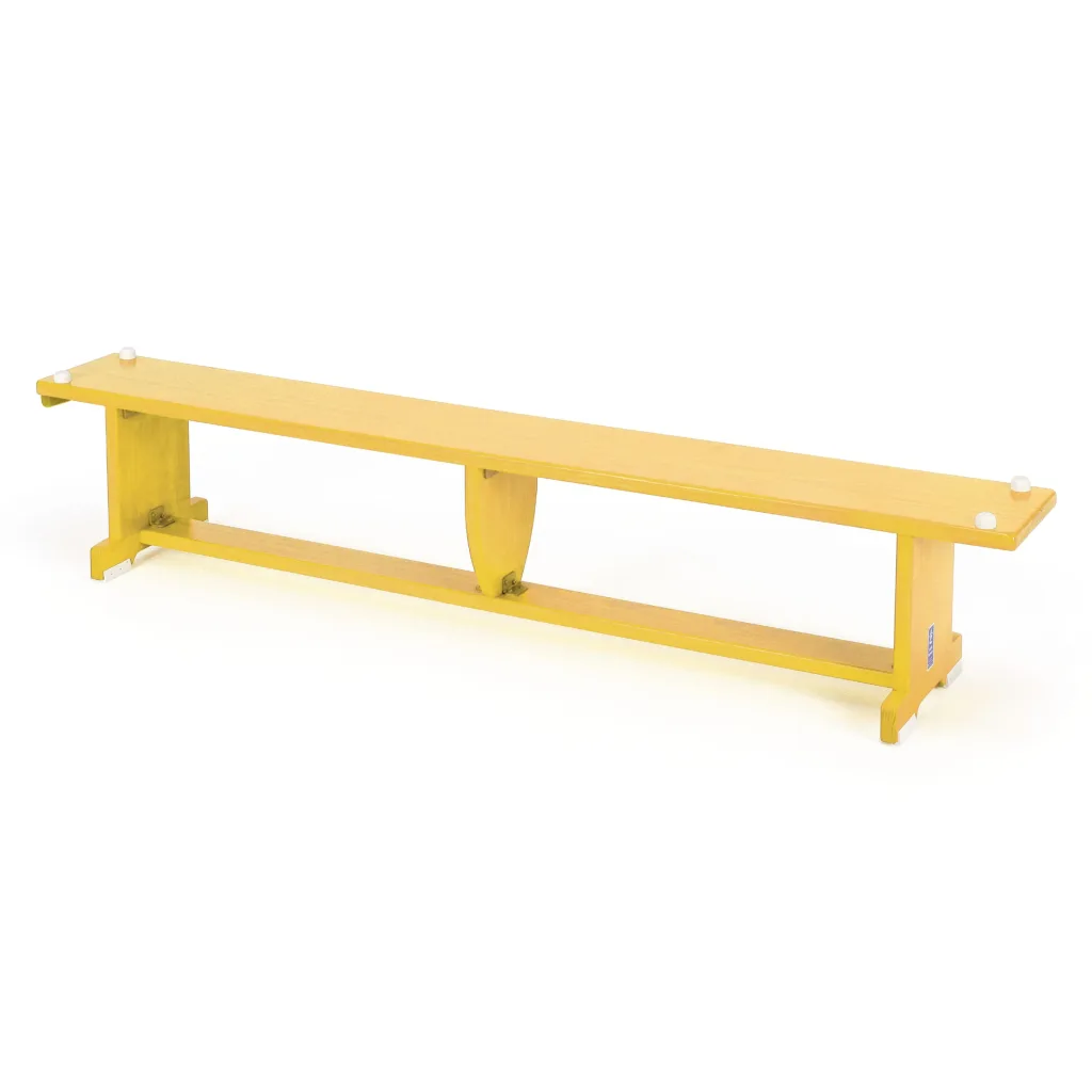 Yellow aluminium bench with a timber top and white rubber feet on a white background.