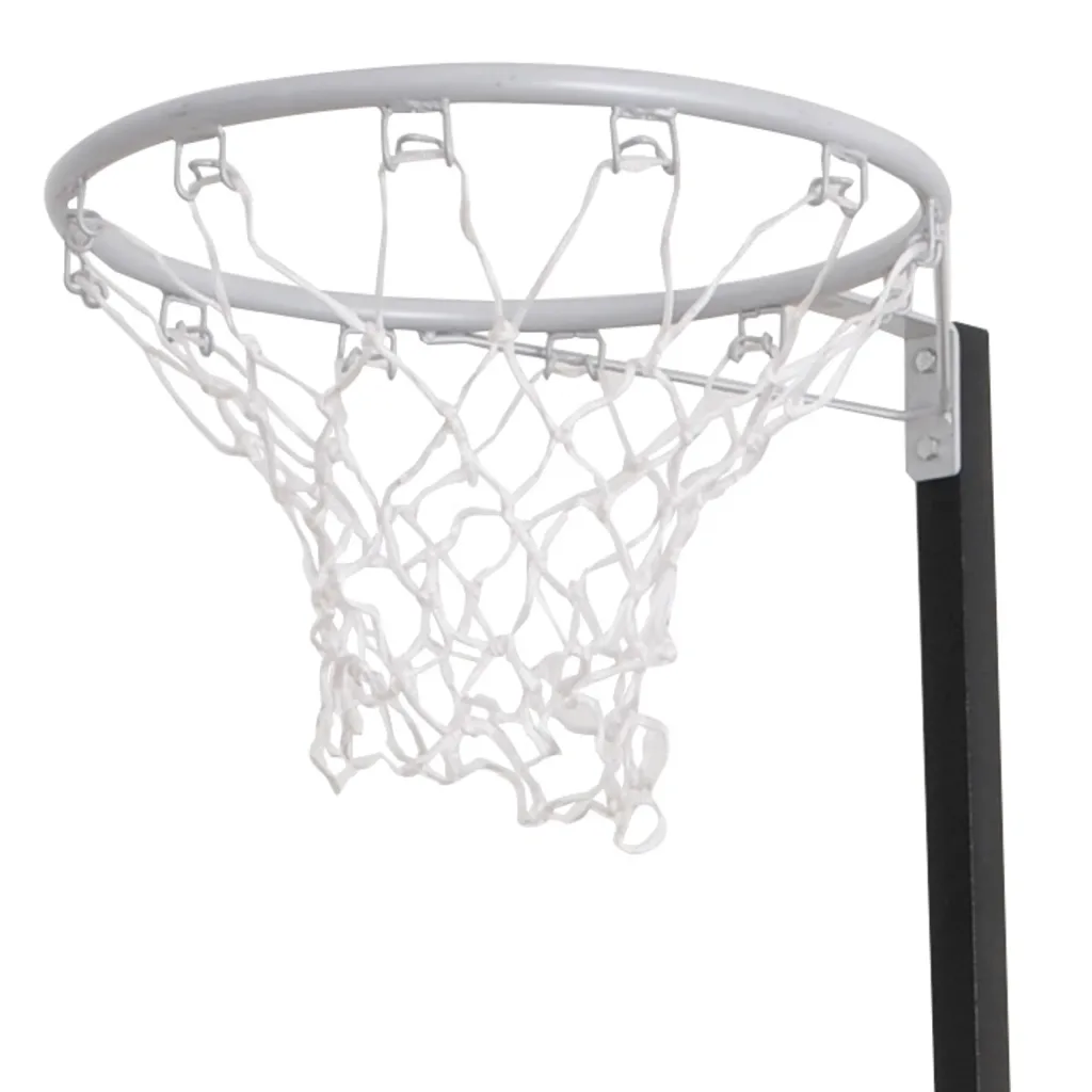 Junior netball hoop unit showing a silver steel ring with a white nylon net mounted on a black padded pole.