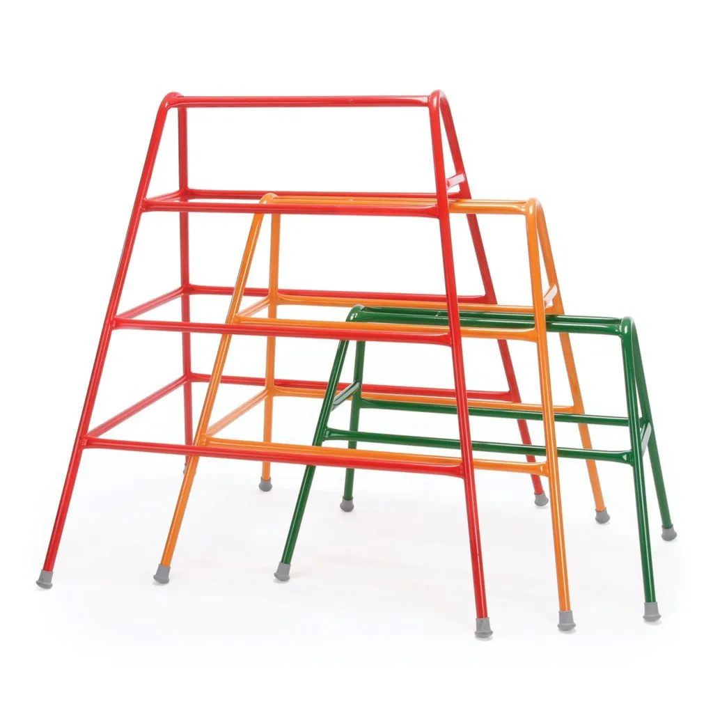 Three nested powder-coated steel trestles in red, amber, and green with heavy-duty non-marking rubber feet.