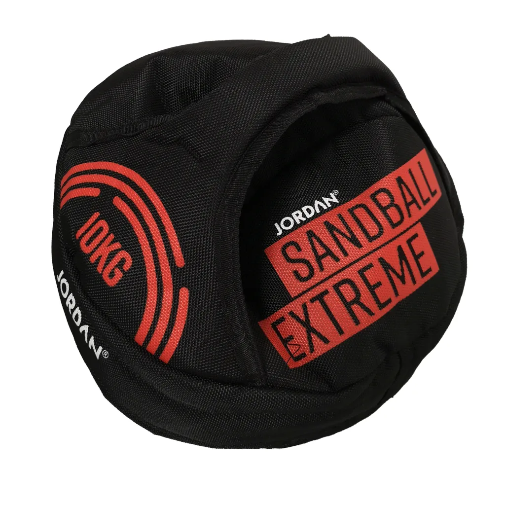 Black sandball with red printed 'SANDBALL EXTREME' and '10KG', two handles and reinforced seams.