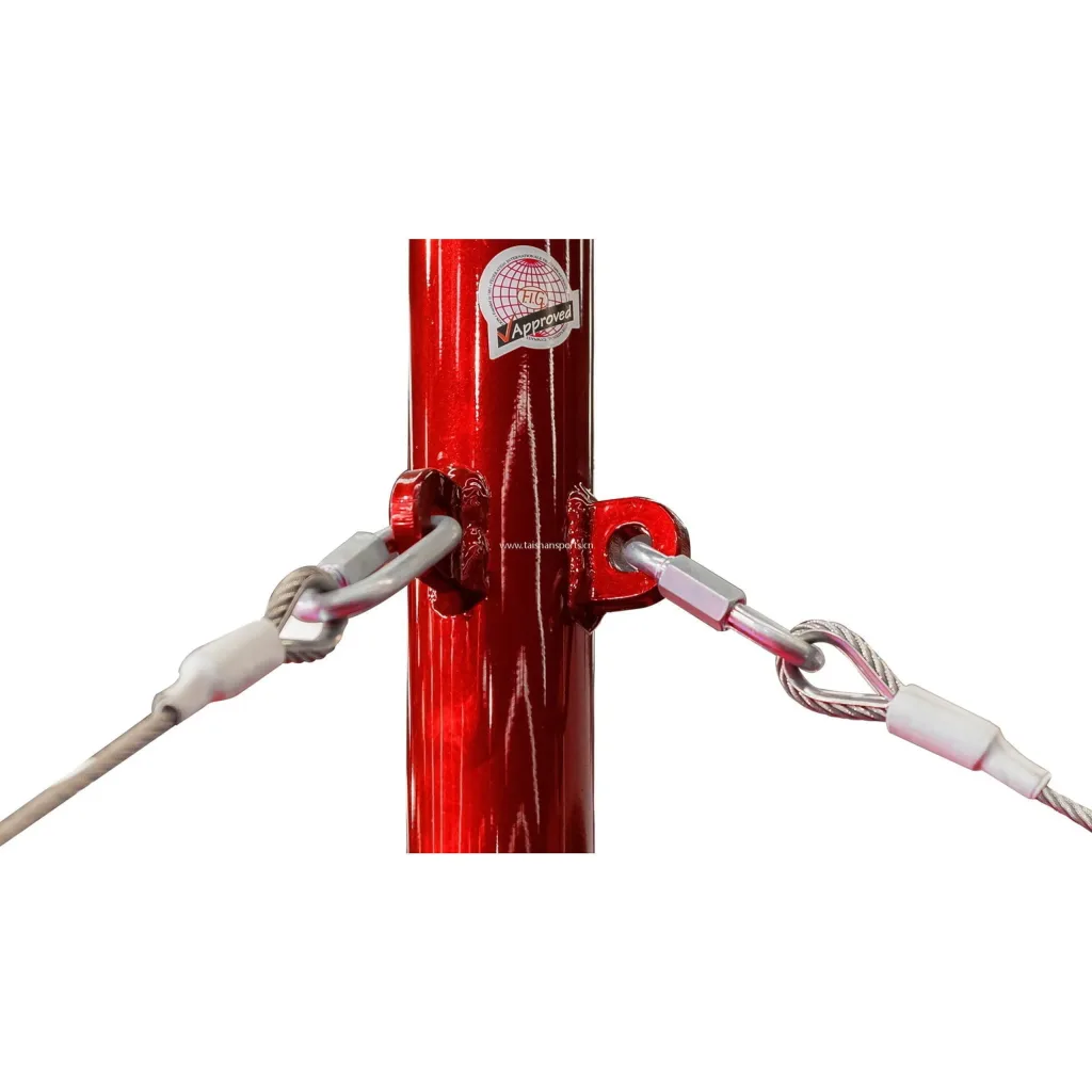 Red carbon steel high bar post with two stainless-steel tension cables and sticker reading "FIG Approved".
