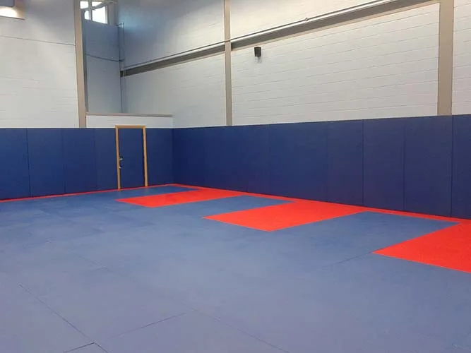 Indoor gymnasium with blue padded walls and blue mat floor featuring three red rectangular mat sections and a door in the corner.