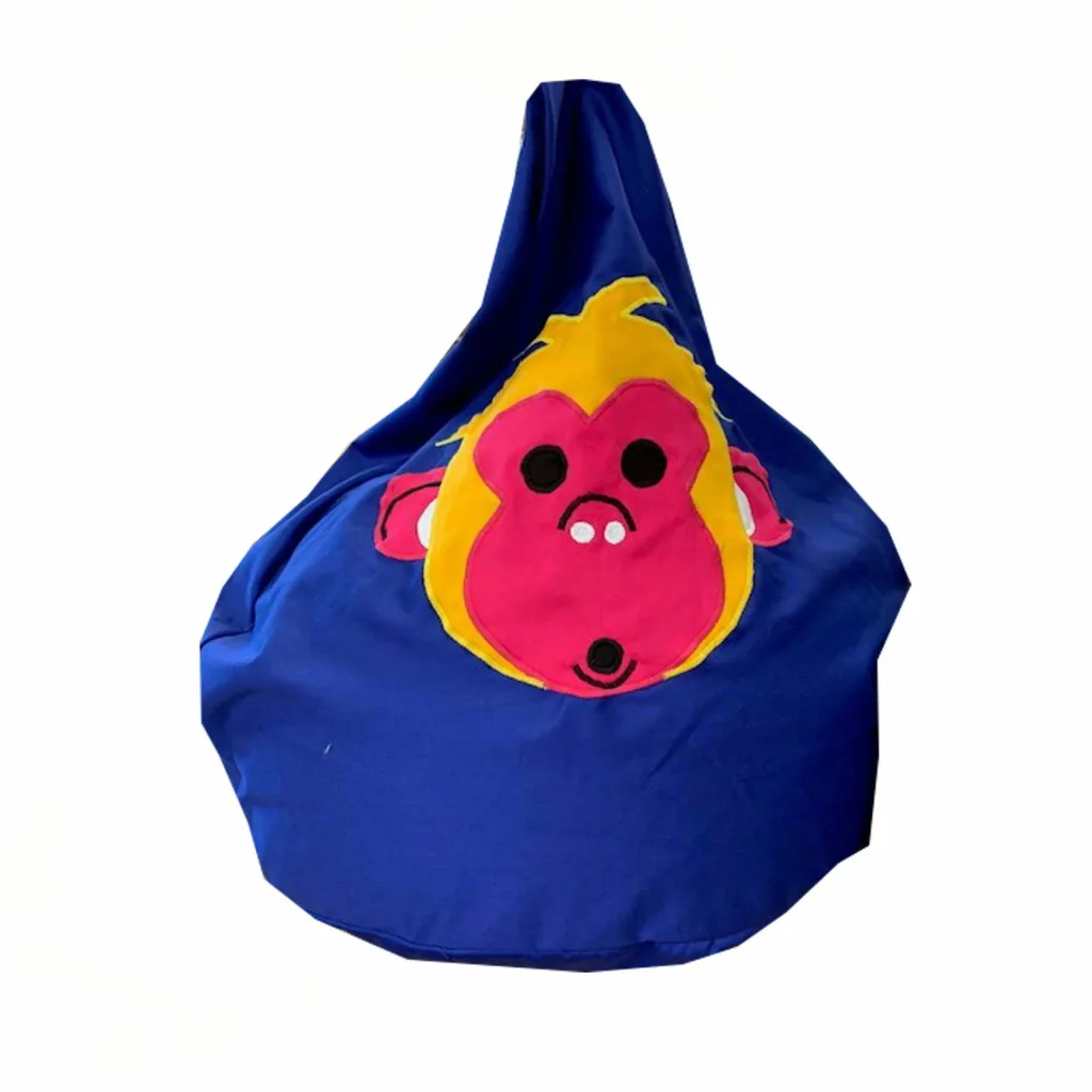 Blue bean bag chair with a yellow-haired pink stylized monkey face applique showing black eyes and white teeth.