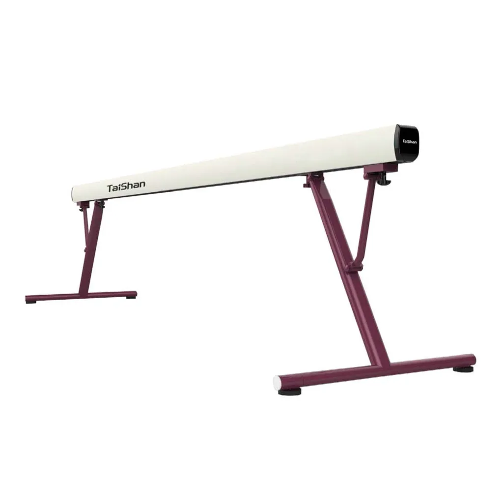 Competition balance beam with "TaiShan" printed on the padded non-slip top, rigid reinforced aluminium bar and red adjustable supports.