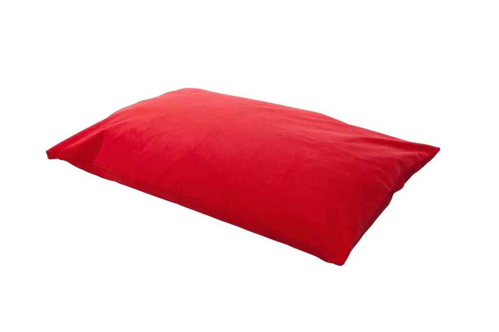 Giant child floor cushion in red cotton with a rectangular low-profile shape and removable liner.