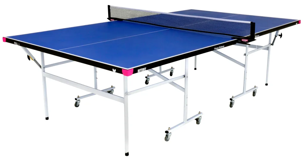 Foldable blue table tennis table labeled Fitness Rollaway, magenta corners, steel frame, light silver legs and eight wheels.