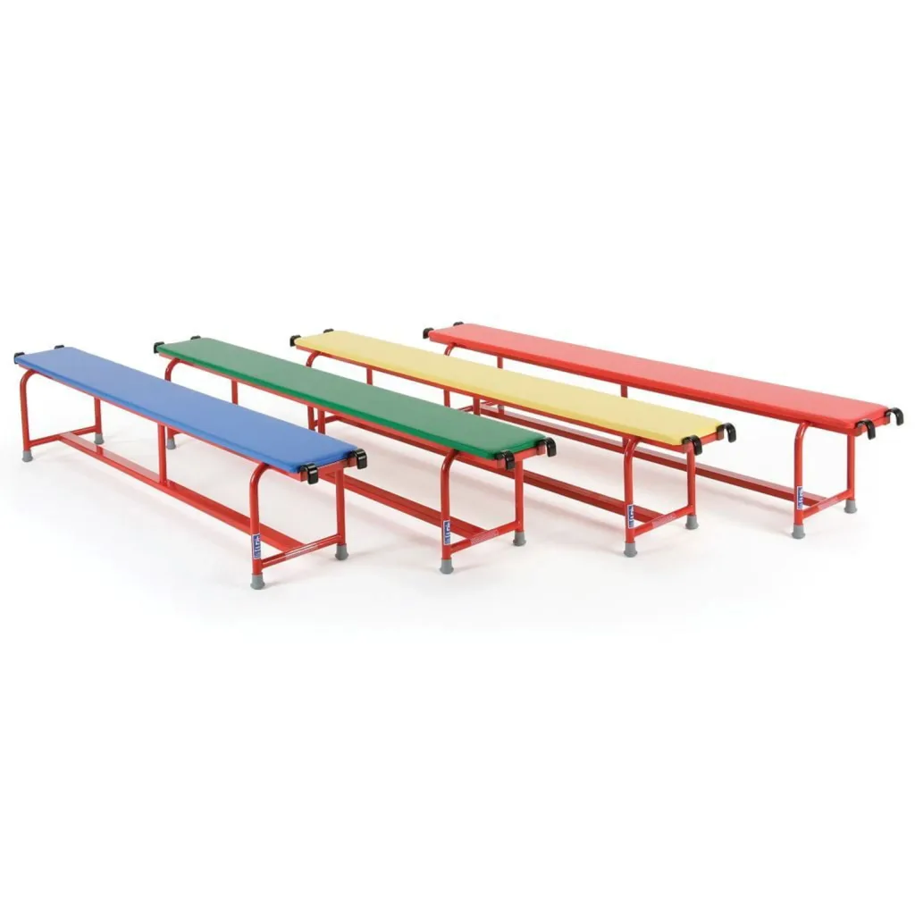 Four steel padded balance benches with red powder-coated frames and vinyl tops in blue, green, yellow and red, each with end hooks.