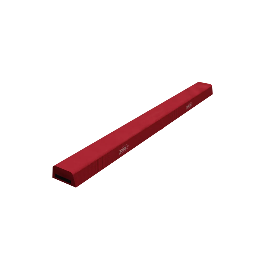 Red folding foam balance beam with flame-retardant PVC cover and the text 'promat' on its side.