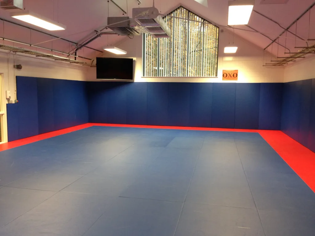 Large training room with royal blue mats and red border, blue wall padding, a wall-mounted TV, tall window with vertical blinds and a sign reading OXO.