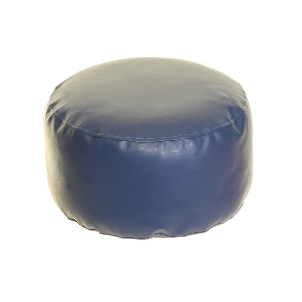 Round faux leather bean pod in navy blue with a smooth cylindrical shape and a visible top seam.