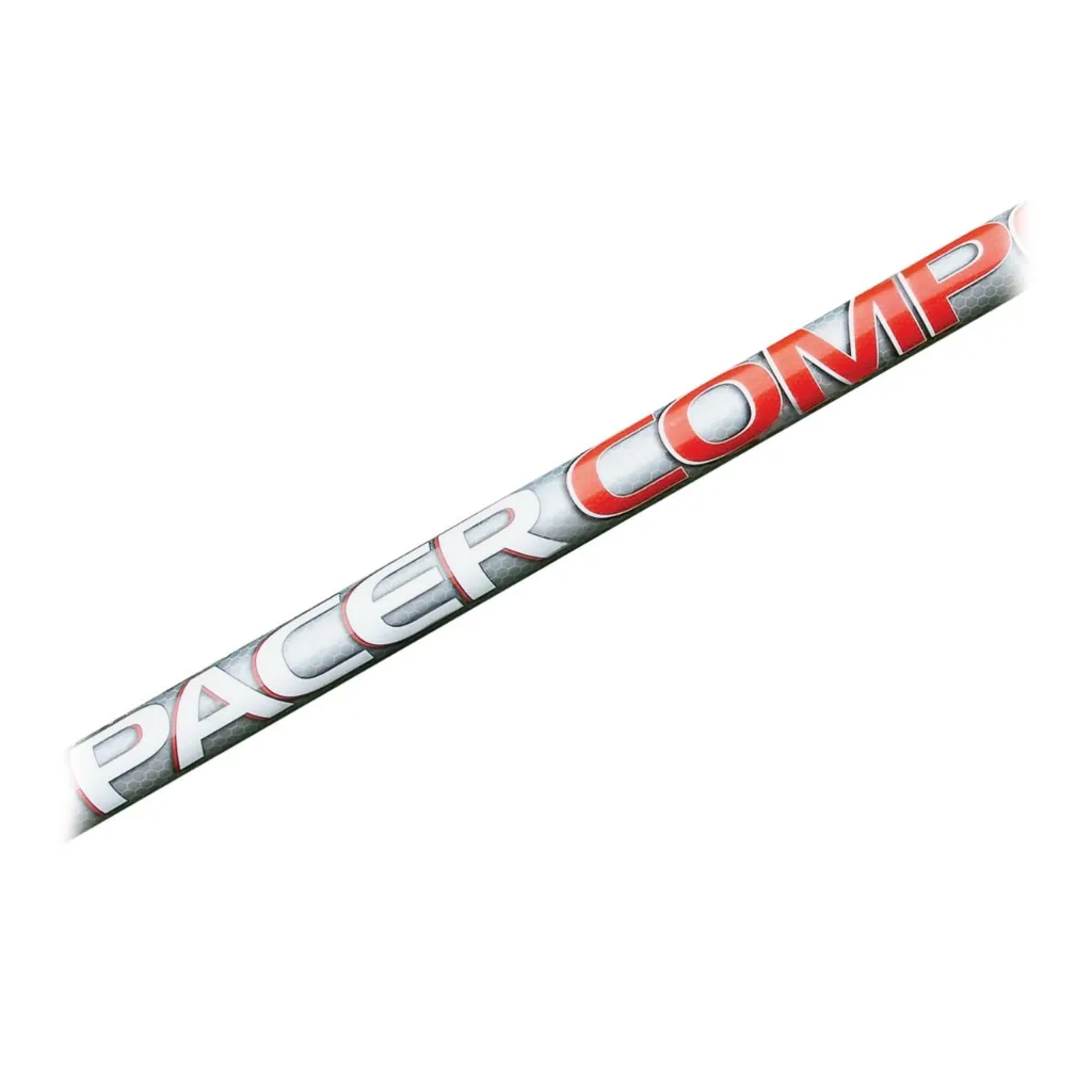 Diagonal composite pole vault pole with gray shaft and red-and-white lettering reading PACER COMP.