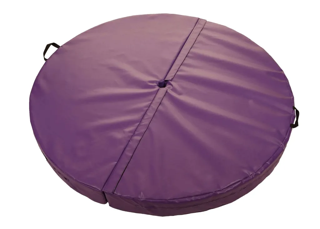 Heavy-duty PVC circular pole dancing mat in two-piece construction with a central hole, hook-and-loop seam and fixed carry handles.