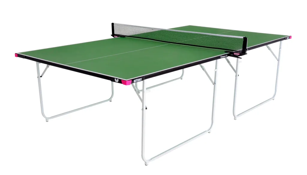 Green table tennis table with a black frame, magenta corner pieces, light silver folding legs and an attached net.