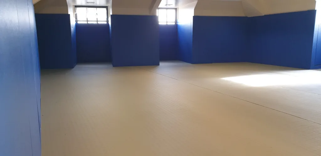 Room with beige tatami-style roll-out mats covering the floor and blue padded lower walls beneath small windows.