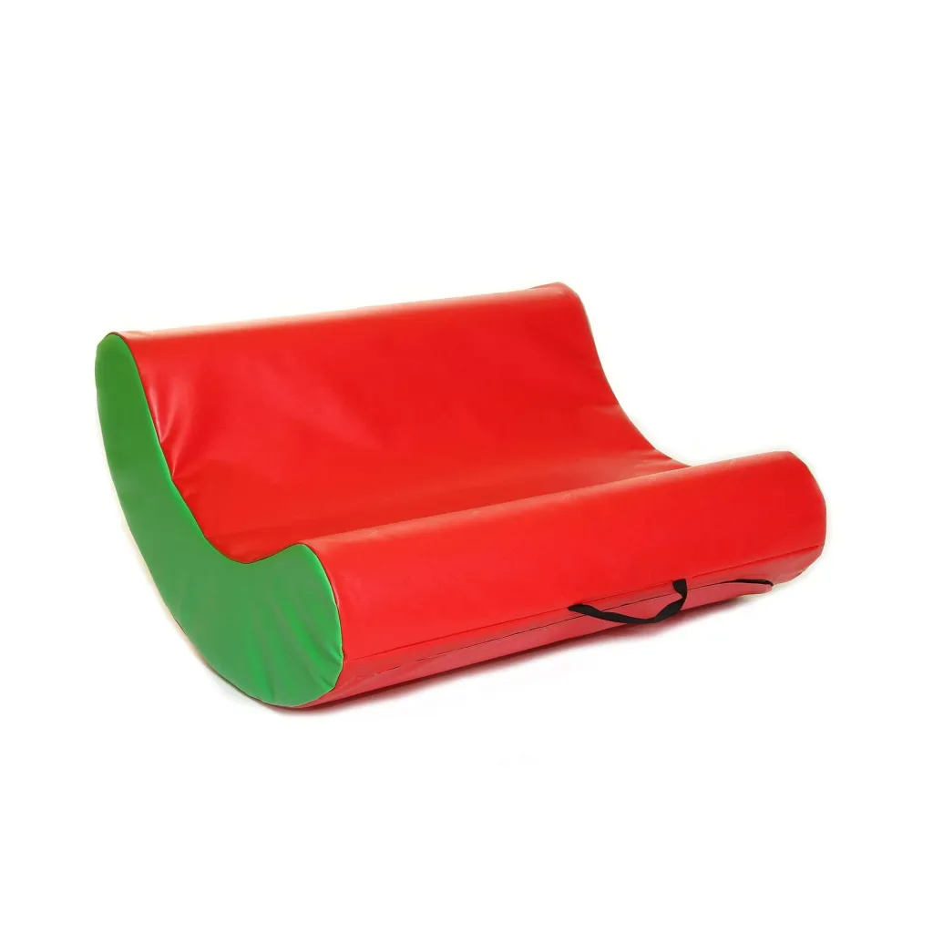 Baby rocker with red top and green sides, foam core covered in phthalates free PVC and a built-in carry handle.