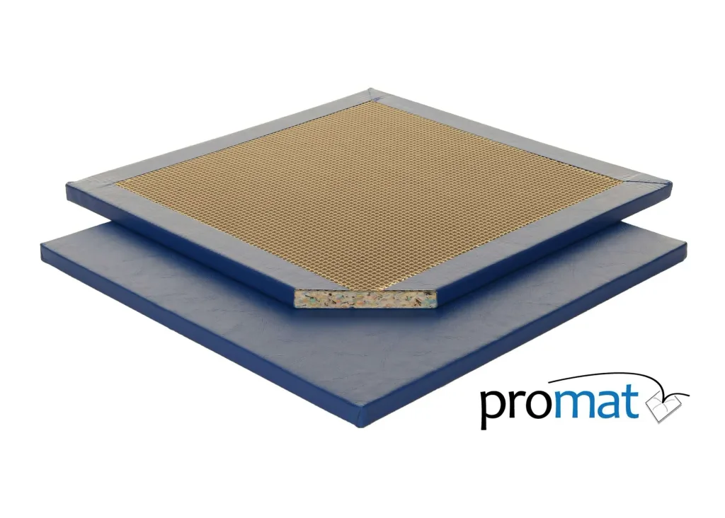Blue PVC stretch mat with tan waffle center showing chipfoam core, stacked on a blue mat with promat logo.