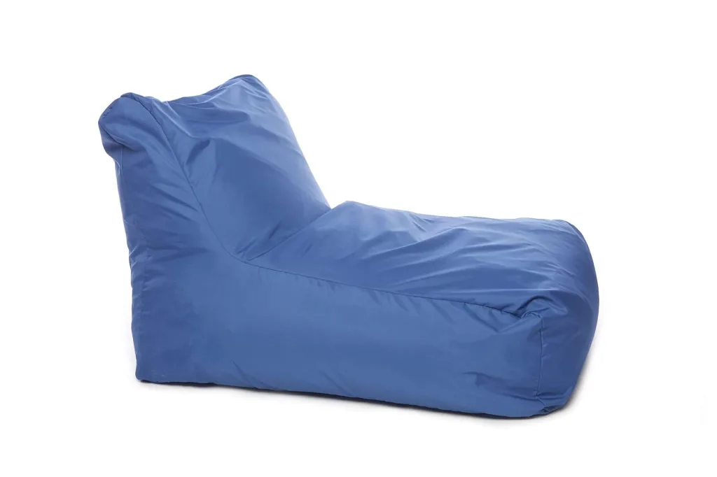 Royal blue polyester bean bag chair with a sloped backrest, low reclining seat, and removable liner.