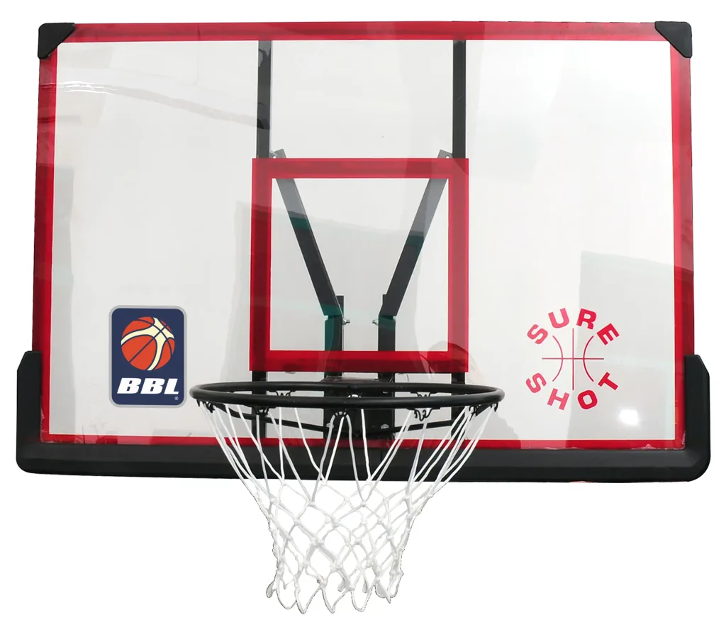 Clear fan-shaped backboard with a red border, black steel rim and white net, displaying the text BBL and SURE SHOT.