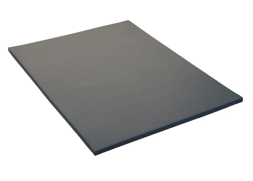 Dark grey rectangular gym mat with flame-resistant PVC cover and reinforced latex anti-slip base.
