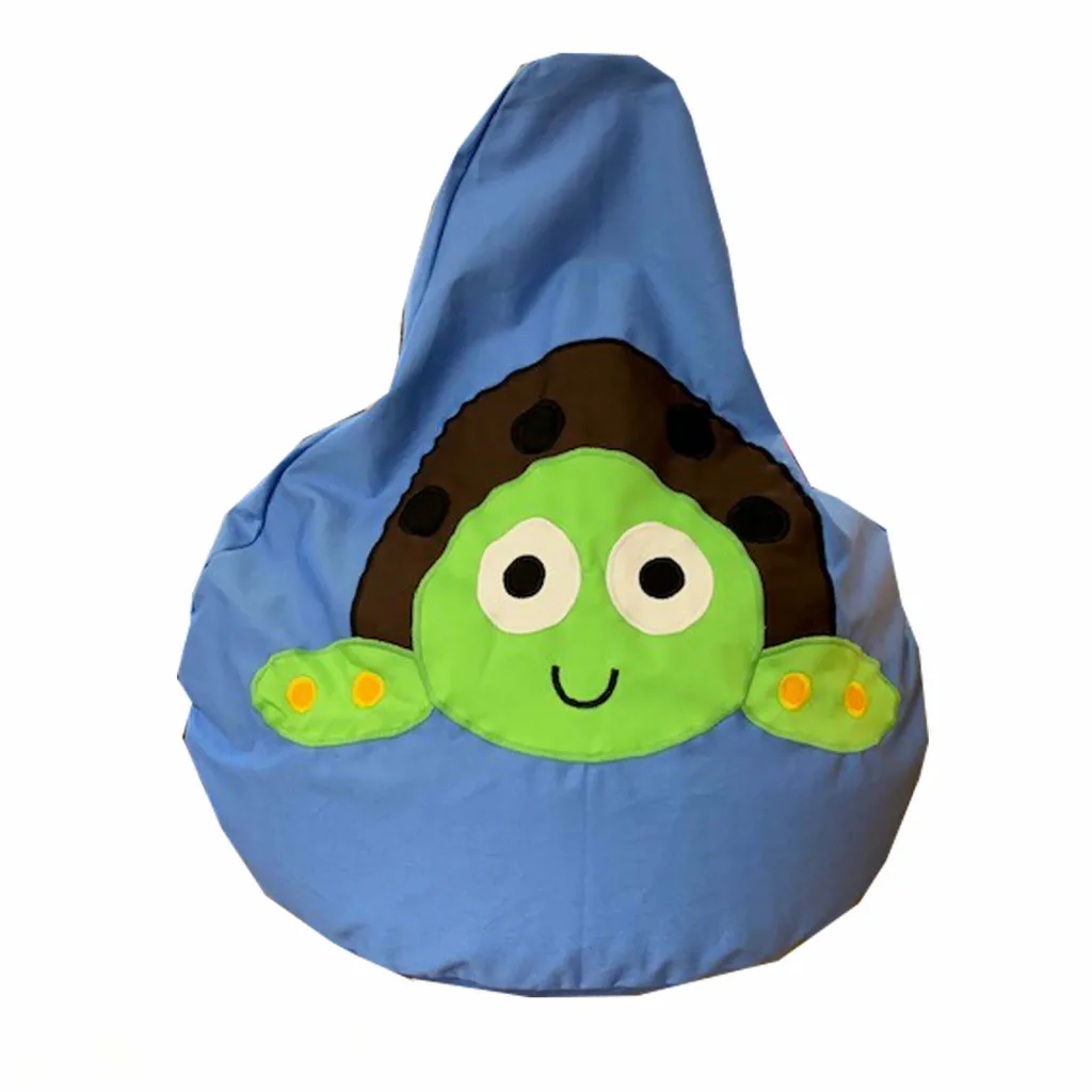 Blue bean bag with a smiling green turtle face, brown shell with black spots and small yellow-flipper details.