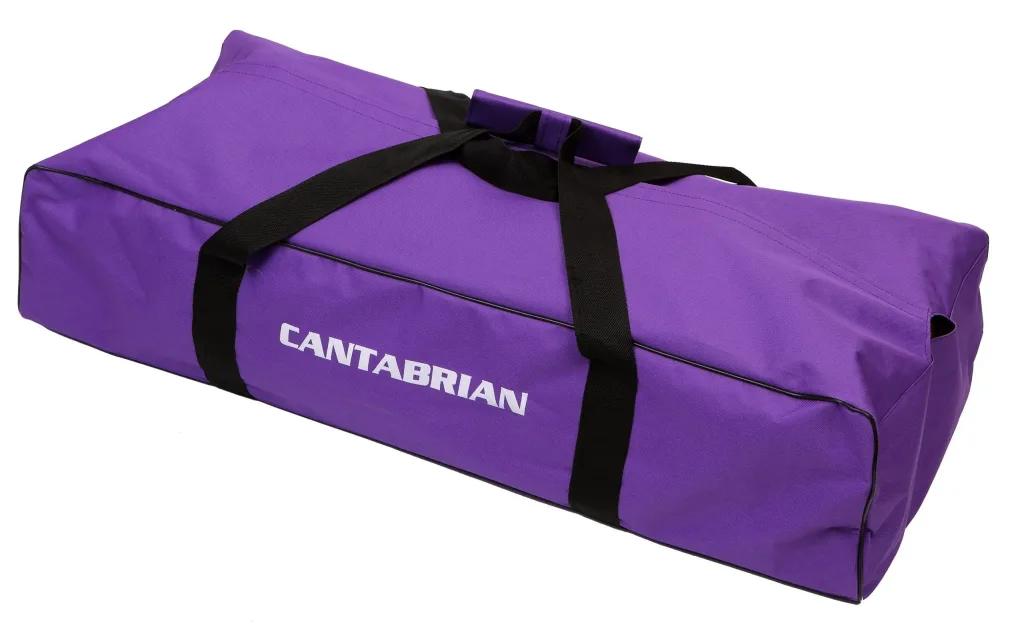 Purple starting block bag with black straps, hard base and white CANTABRIAN text on the side.