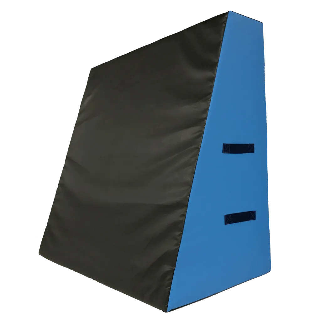 Blue wedge block with a heavy-duty flame-retardant PVC cover, black sloped face and two carry handles on the side.