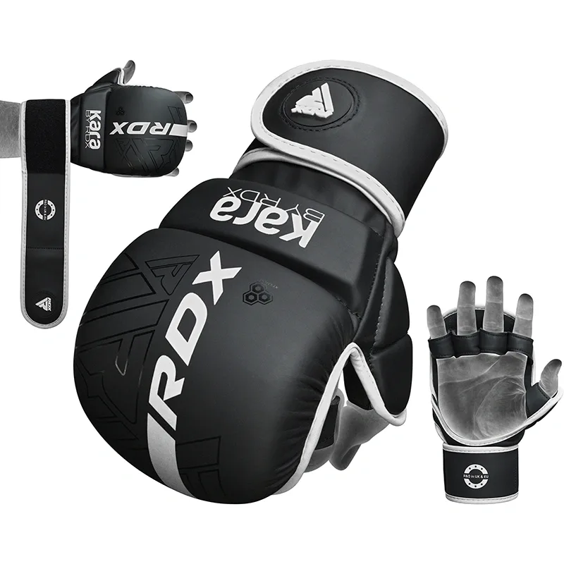 Maya Hide Convex Skin sparring glove with visible text RDX and Kara, accompanied by an open-finger training mitt and wrist strap.