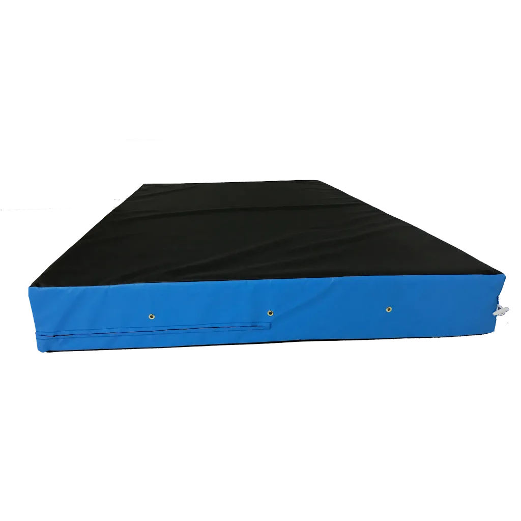 Rectangular landing mat with black top and blue flame-retardant PVC sides, showing grommets and a carry handle.