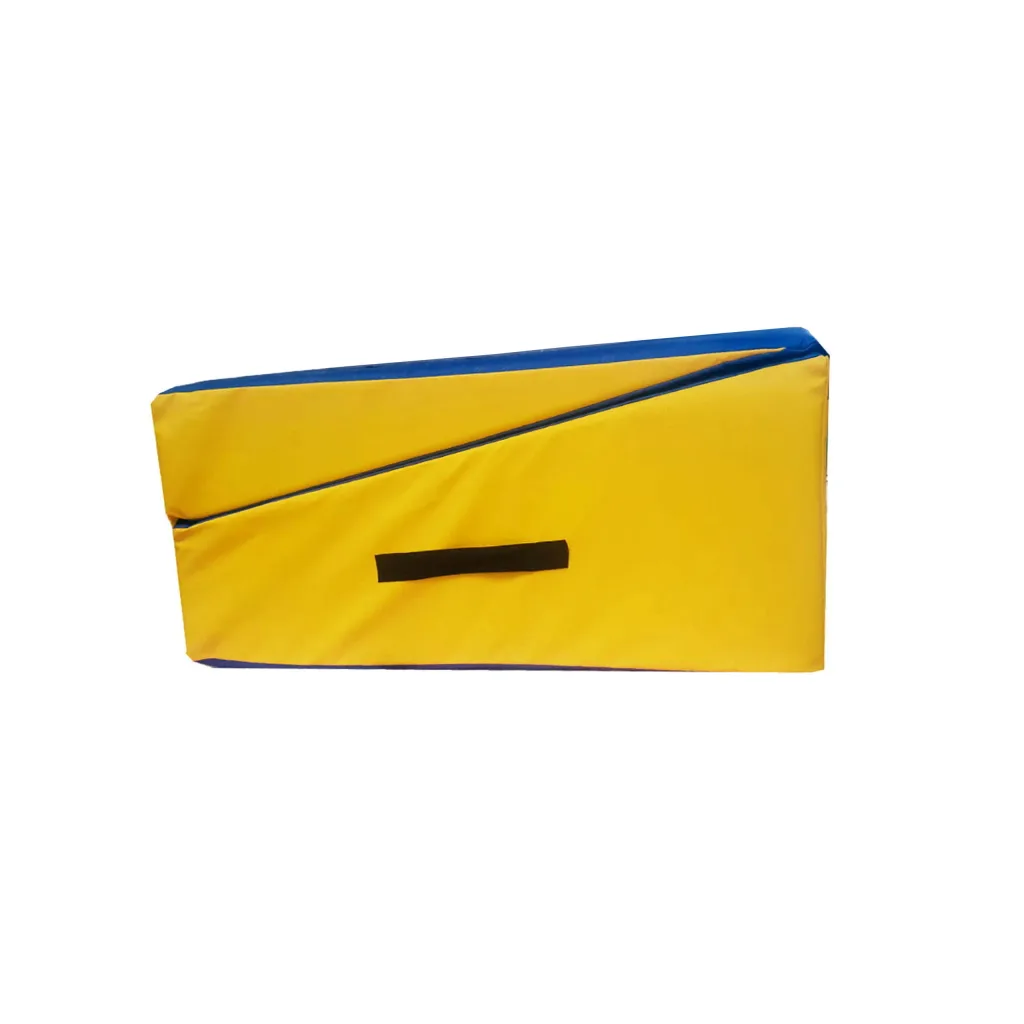 Foldable inclined wedge folded closed with yellow sides, a blue top edge, and a black carrying handle.