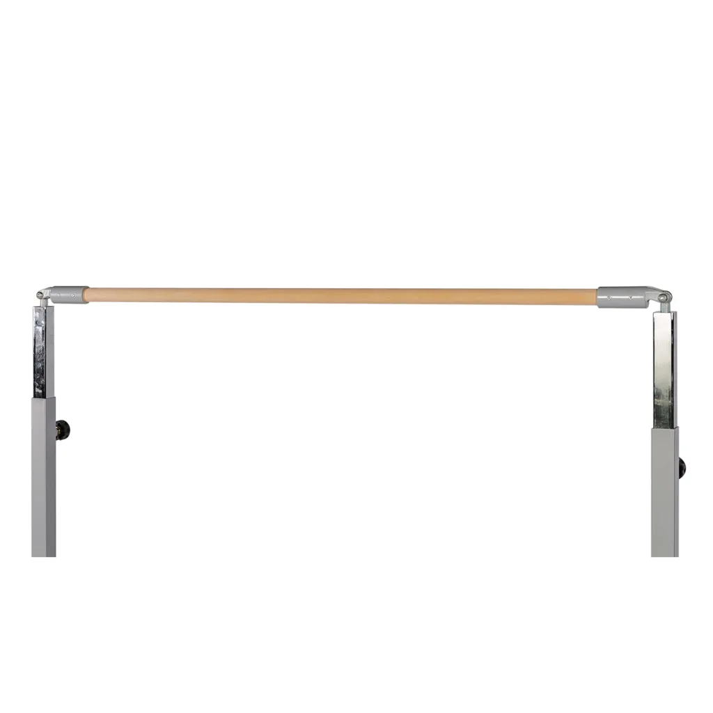 Adjustable kids horizontal bar with maple-wrapped wood bar over carbon steel uprights and a three-point locking device.