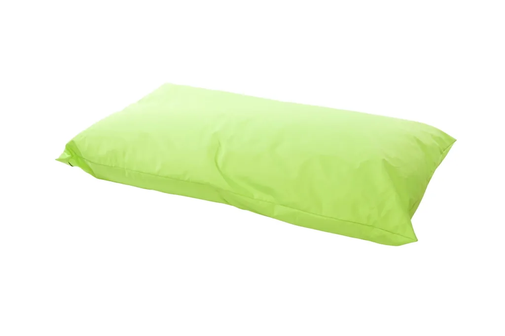 Lime polyester giant child floor cushion for indoor/outdoor use, flattened rectangular beanbag shape on white background.