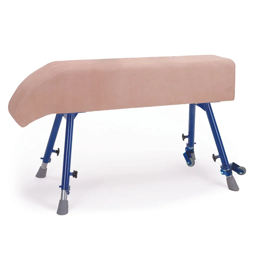 Padded hide vaulting buck top mounted on blue adjustable steel legs with rubber feet and caster wheels.