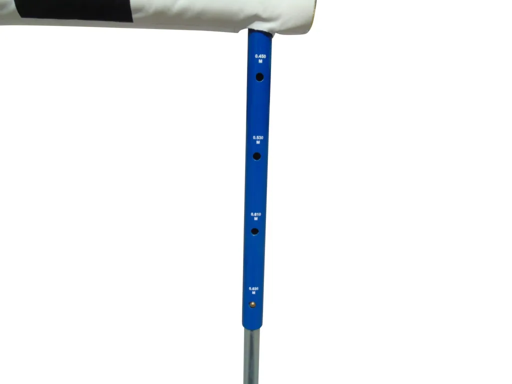 Blue steel upright of a hurdle with a padded white top and printed markings "0.450 M", "0.530 M", "0.610 M", "0.686 M".