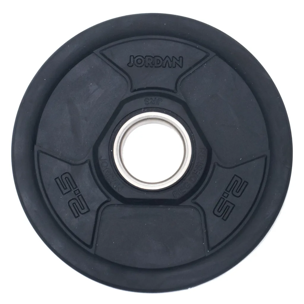Rubber-coated cast-iron Olympic weight plate with central metal sleeve and raised '2.5' markings.