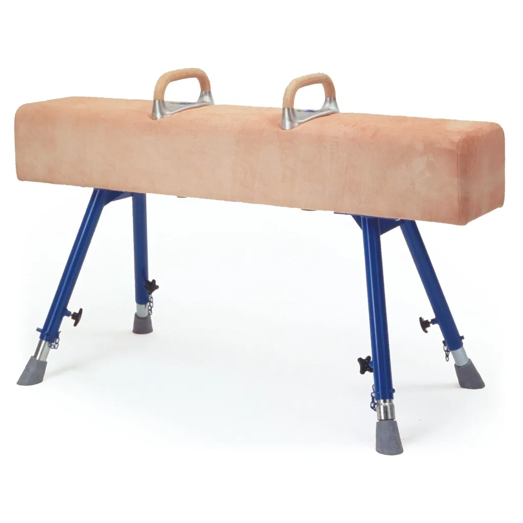 Vaulting buck with tan padded hide body, two wooden handles with metal mounts, and adjustable blue steel legs.