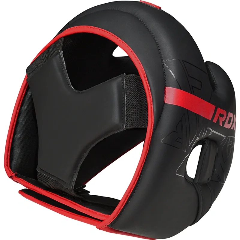 Black Convex Skin Maya Hide leather head guard with visible "RDX" logo, red trim, open face and padded chin and cheek protection.