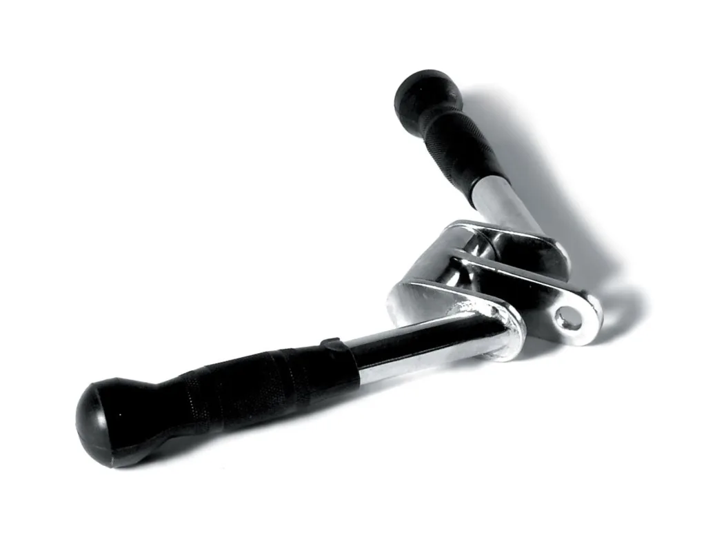 Chrome cable attachment with swivel joint and two black urethane grips.