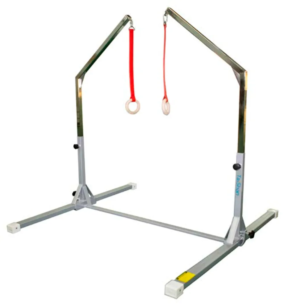 Silver adjustable kids gymnastics rings frame with two plywood rings suspended on red straps above a rectangular base.