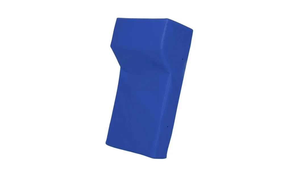 Blue rucking shield with angled top, sewn heavy-duty PVC cover and shock-absorbing foam core for impact protection.