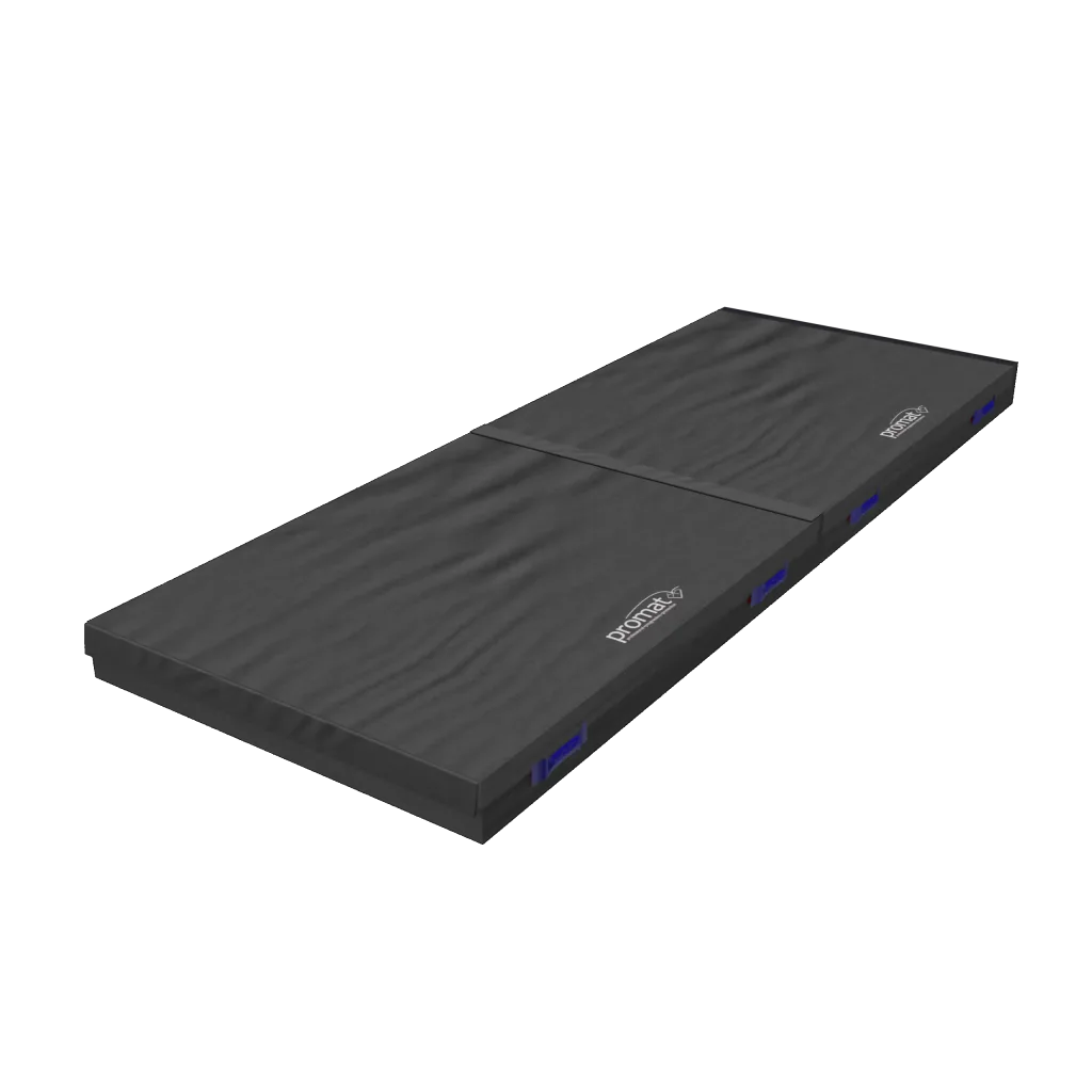Black connecting safety mat with a center fold seam, blue carry handles and white Promat logo on the top.