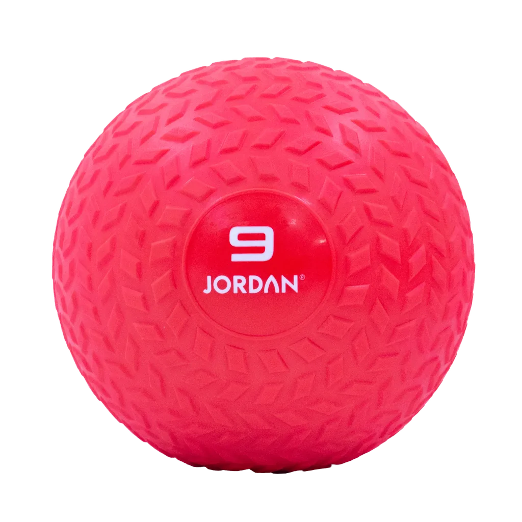 Red textured slam ball with raised diamond pattern and a central circle labeled 9.