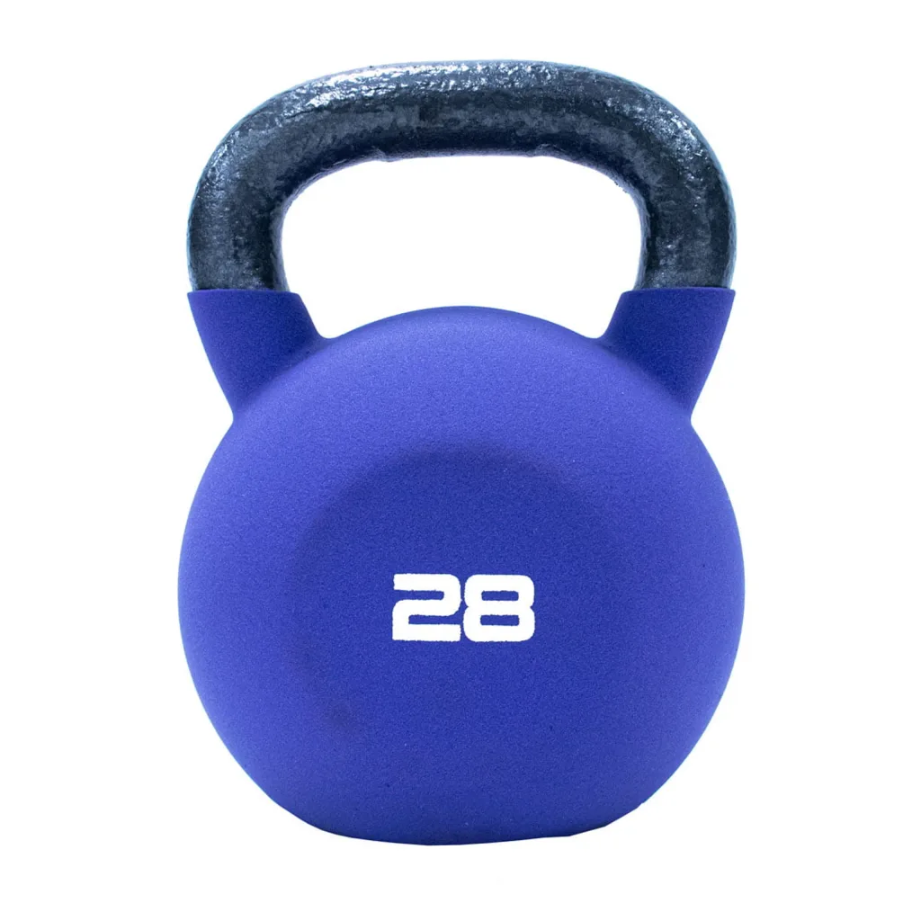Blue neoprene-covered cast-iron kettlebell with a black handle and white 28 printed on the front.