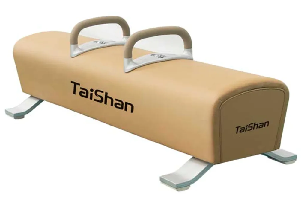 Beige polyurethane pommel horse with XPE foam top, multilayer laminated base, two metal pommels and 'TaiShan' printed on the side.