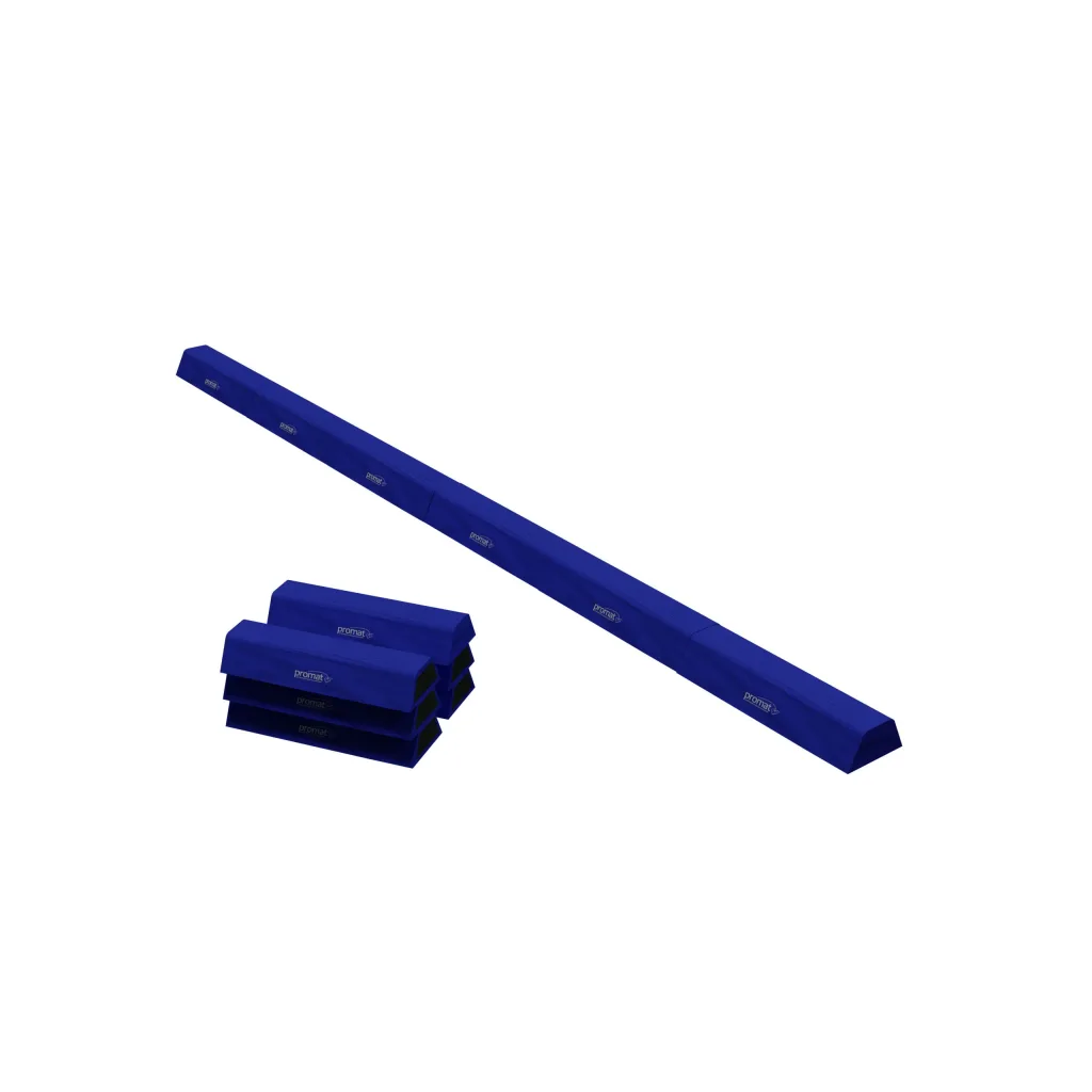Segmented foam balance beam made of six joined PE foam sections with a heavy-duty flame-retardant PVC cover and extra segments stacked beside it.