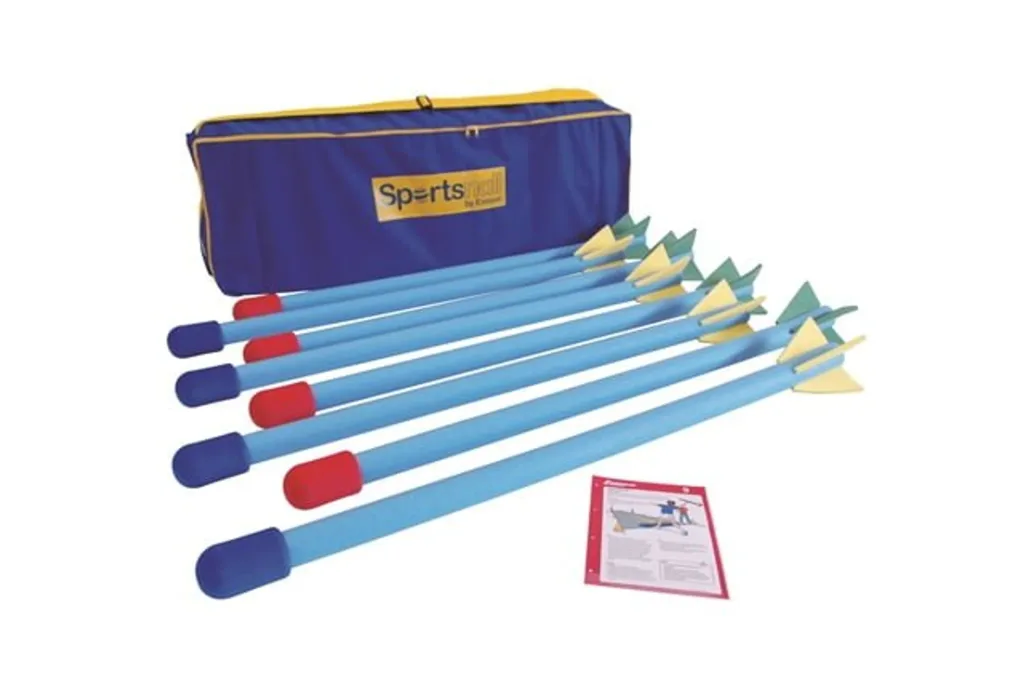 Set of foam bull-nosed javelins with light blue shafts, red and blue nose caps and yellow-green fins, plus a blue carry bag and instruction sheet.