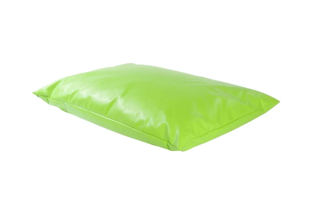 Giant child floor cushion with lime PVC faux leather cover and low rectangular shape.